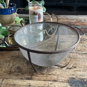Vintage Mesh Metal Basket with Brown Accents